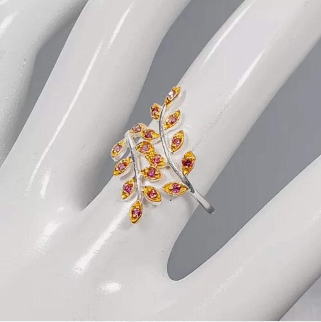 Sterling Ruby & Gold Sz 8 24k Lattice Floral Ring